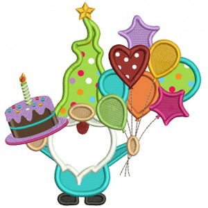 Gnome Holding Birthday Cake And Balloons Applique Machine Embroidery Design Digitized Pattern